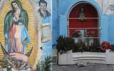 Se observa un mural de la virgen de Guadalupe y un pequeño altar