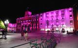 Se observa el edificio de la presidencia municipal de León iluminado de rosa